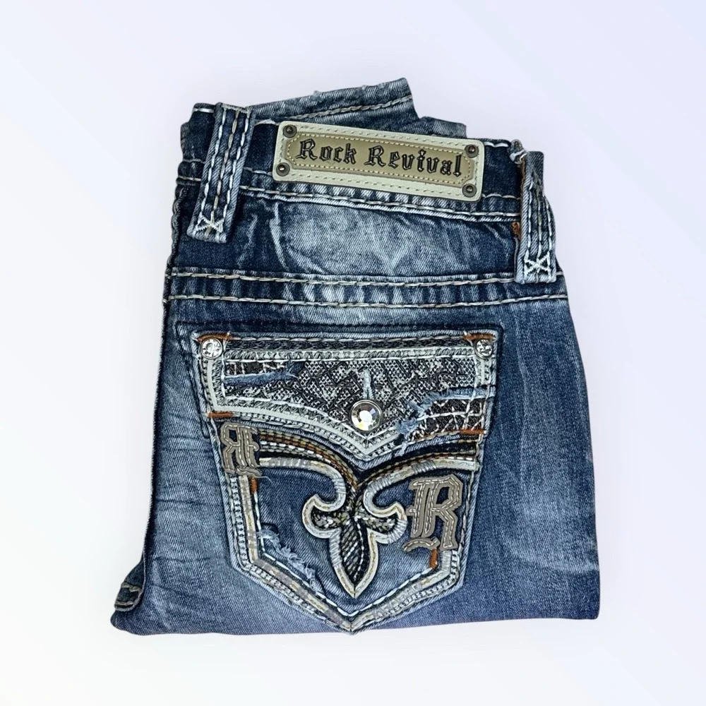 ROCK REVIVAL ASHA JEANS‎ SKINNY WOMENS 25 EMBELLISHED POCKETS 31 INSEAM